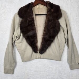 Vintage 1950s Pin Up Glam 100% Virgin Cashmere Fur‎ Collar/lapel Dalton Cardigan